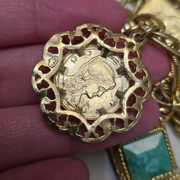 Vintage Gold-Tone Charm Bracelet with Green and Multicolor Gem Accents - Picture 8 of 14